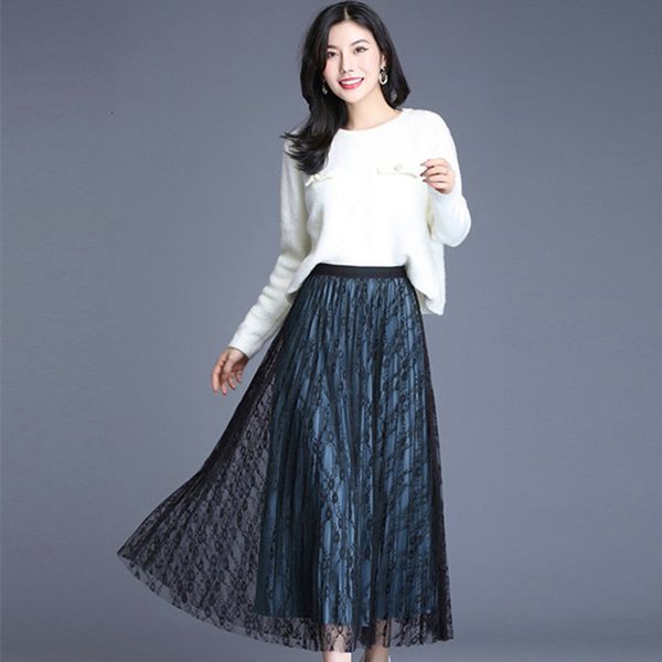 

skirts lace autumn and winter pleated skirt two side wear gold veet female temperament thick women's long s 82cn, Black