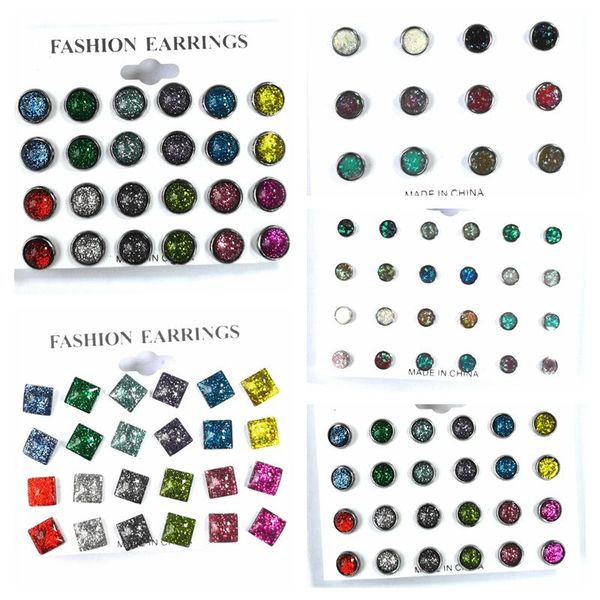 

stud earrings sets 6/12pairs/lot stainless steel earings for men round square earring women fashion jewelry wholesale, Golden;silver
