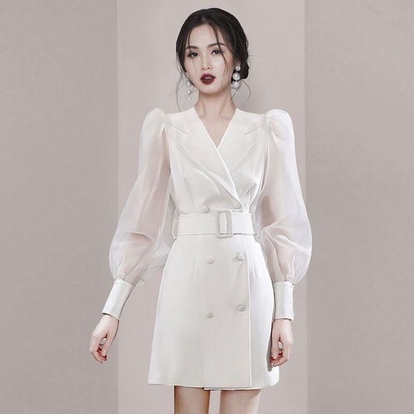 

women suits dresses spring single-breasted hem pleated shirt slim long-sleeved pure color small suit jacket ladys long turn-down collar one-, White;black