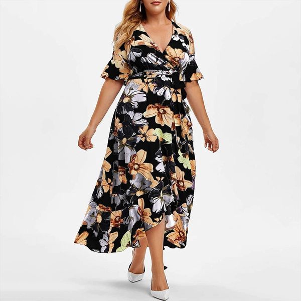 

summer plus size fashion womens dress v neck bandage floral printing short sleeve free, Black;gray