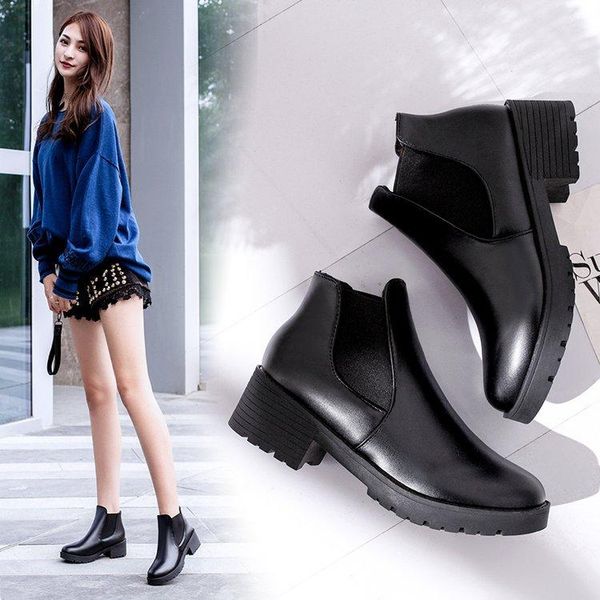 

boots style fashion women round head thick bottom pu leather waterproof woman ankle spring/autumn #w599, Black