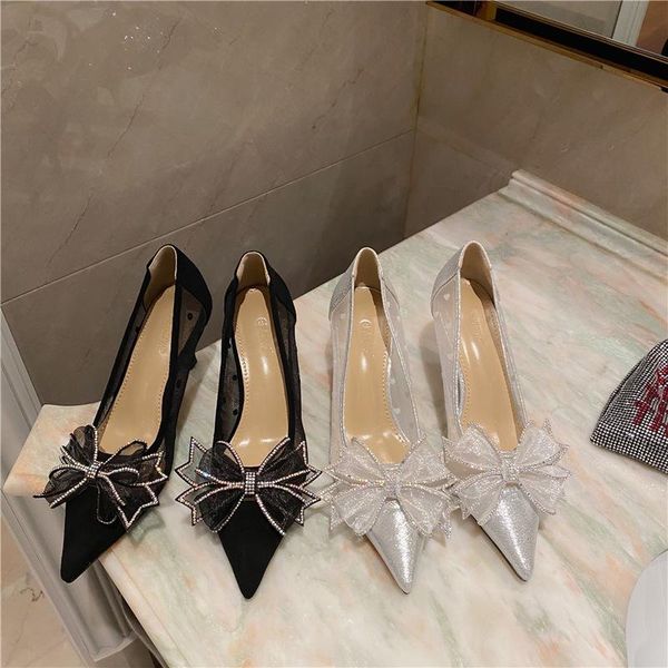 

women's pointed high heel single shoes bow sequin shallow mouth female heels comfortable and graceful dress, Black