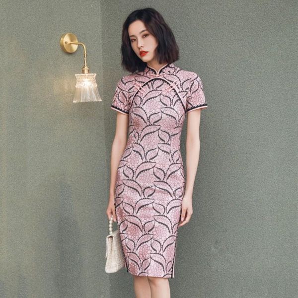

ethnic clothing summer short sleeve novelty lace cheongsam women vintage button trim chinese dress elegant mandarin collar slim qipao s-3xl, Red