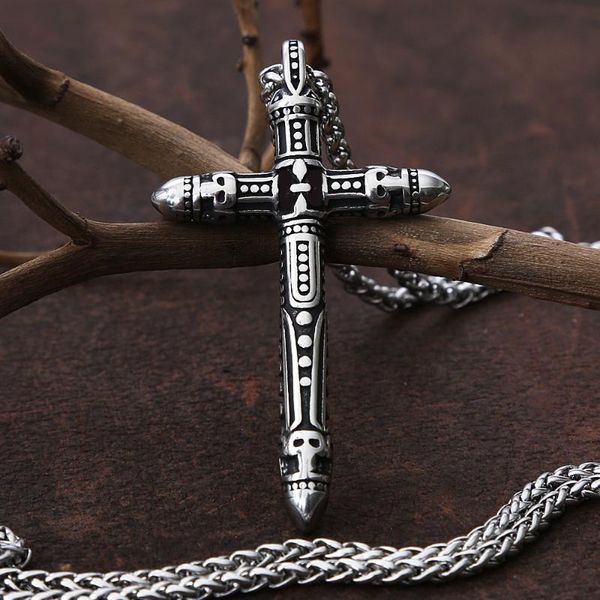 

vintage christian skull cross necklace for men stainless steel pendant punk hip hop fashion men's chain gift necklaces, Silver