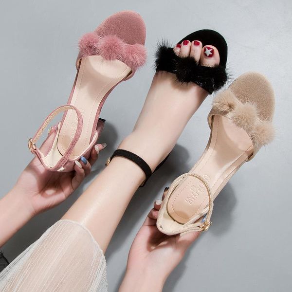 

dress shoes summer hair ball sandals women's korean version of wild fashion sweet thick heels buckle strap flock solid square heel, Black