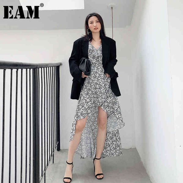 

[eam] women floral print ruffles irregular long dress v-neck sleeveless loose fit fashion spring summer 1dd5911 21512, Black;gray