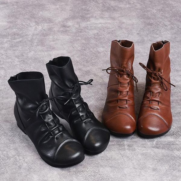 

boots autumn and winter the original retro first layer cowhide female short casual handmade tube women's shoes, Black