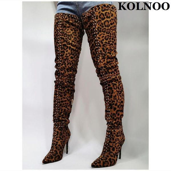 

boots kolnoo classic handmade womens high heel rivets spikes leopard over knee eevning club fashion party shoes, Black