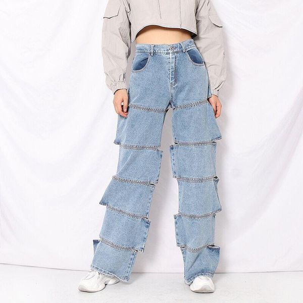 

women hollow out patchwork jeans fashion high waist women's wide leg pants, Blue