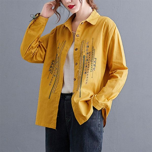 

women's blouses & shirts spring autumn arts style women long sleeve loose shirt vintage embroidery cotton linen plus size femme s2, White