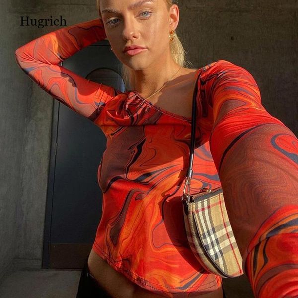 

women's t-shirt tie dye print long sleeve crop women casual summer spring aesthetic harajuku cut out orange t shirts, White
