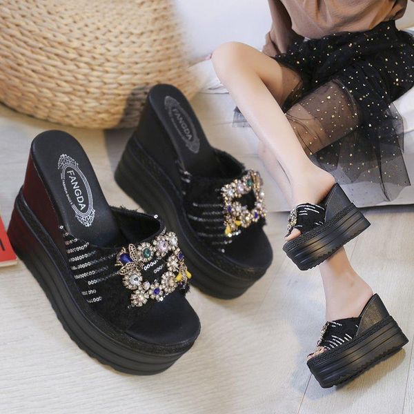 

slippers summer rhinestone wedges heel women platform peep toe height increasing slides 2021 ladies shoes zapatos de mujer, Black