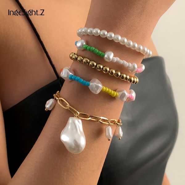 

charm bracelets ingesight.z 5pcs/set rainbow colorful seed beaded chain bracelet baroque imitation pearl tassel pendant bangle jewelry, Golden;silver