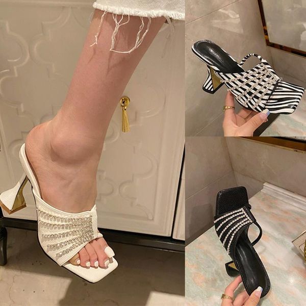 

sandals 2021 women metal crystal rhinestone party shoes slippers summer ins square peep toe spike heels fashion zebra pattern, Black