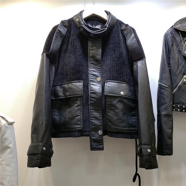 

women's leather & faux vintage corduroy patchwork pu jacket women casual autumn loose stand-up collar drawstring long sleeve biker, Black