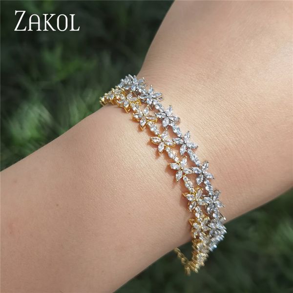 

zakol gold color cubic zirconia leaf charm bracelet & bangles for women trendy cz crystal bride wedding jewelry bp2255, Golden;silver