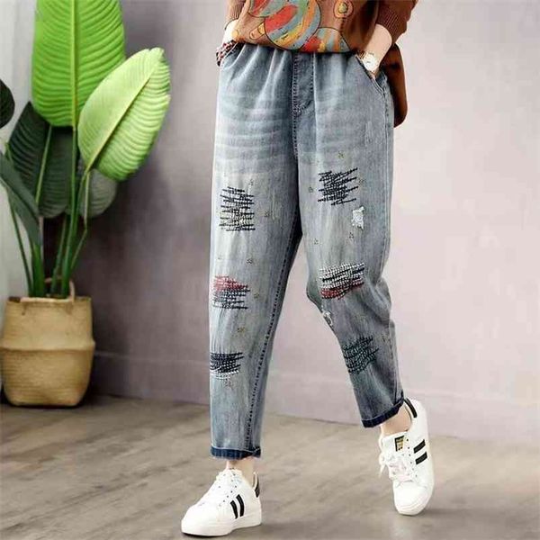 

arrival summer arts style women loose casual elastic waist ankle-length pants cotton denim embroidery harem jeans w216 210512, Blue