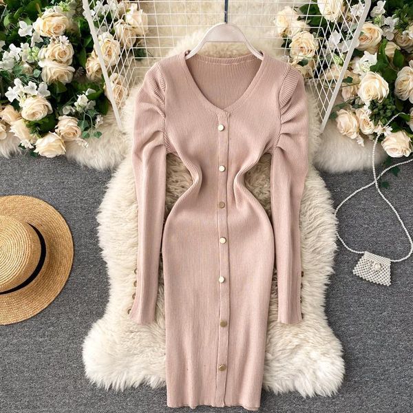 

women elastic knitted dress design v neck puff sleeve solid slim pencil dresses autumn bodycon short sweater casual, Black;gray