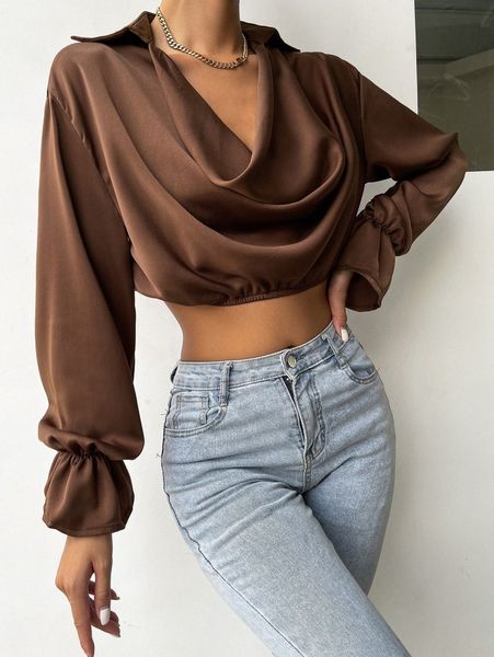 

cowl collar flounce sleeve crop 2792#, White