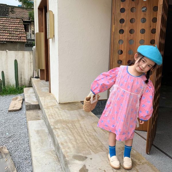 

korean autumn girl's pure cotton floral bubble sleeve lovely dress + lace mesh coverlet two piece set infant princess cloth dresses, Red;yellow