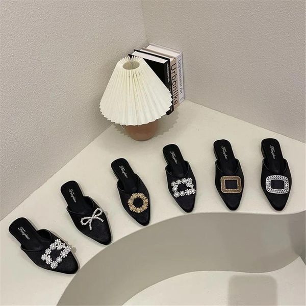 

sandals fashion pointed toe flats shoes pearl bow ballet flat shallow ballerina slip on casual loafer women, Black