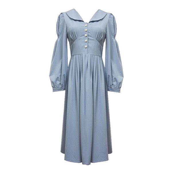 Vintage Elbise Açık Mavi Düğme Uzun Kollu Midi Şifon Sonbahar Puf Orta Buzağı D2054 210514