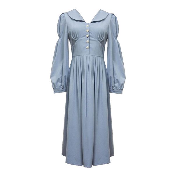 

vintage dress light blue button long sleeve midi chiffon autumn puff mid-calf d2054 210514, Black;gray