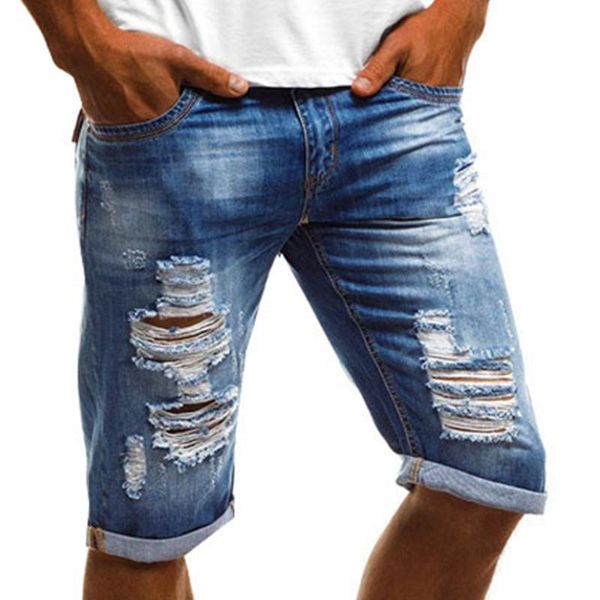 

men jeans knee length holes straight denim shorts 2021 fashion blue pockets ripped mens plus size 3xl men's