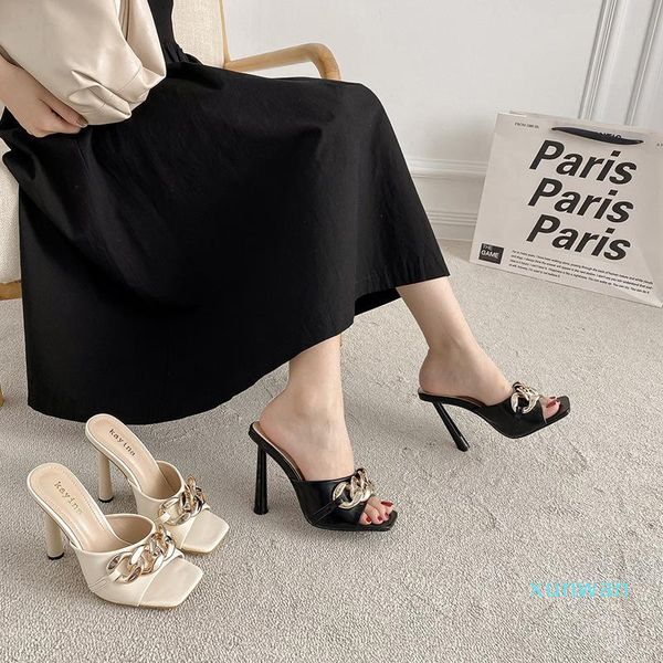 

slippers thin heels female shoes rivet square toe casual slides heeled mules 2021 luxury high summer pu rome fashion scandals, Black