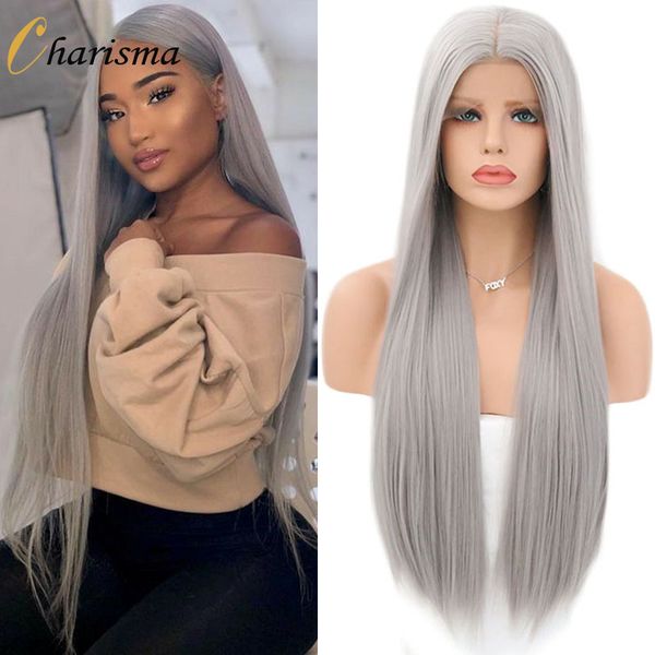 

costume accessories long straight synthetic lace front wigs for women grey wig middle part natural hairline pink/black/blonde wig cosplay, Silver