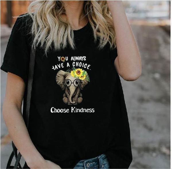

choose kindness letter elephant womens sunflower print short sleeve o neck loose summer tee, White