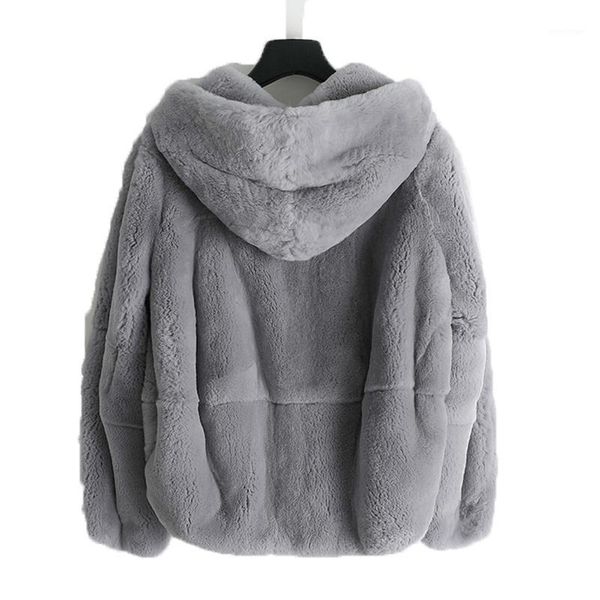 

women's fur & faux shzq luxury real rex jacket winter coat natural with hooded plus size female clothing ou, Black