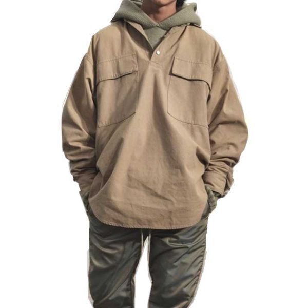 

men's casual shirts tan oversize canvas cargo shirt flap pockets at chest snap button closure long sleeve streetwear, White;black