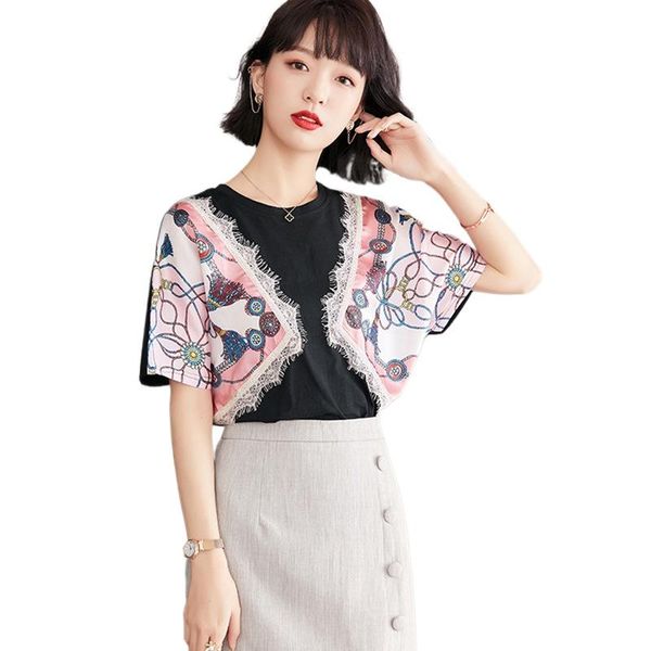 

woman tshirts goth 2021 summer women loose graphic tee lace stitching batwing sleevet-shirt tees women's t-shirt, White