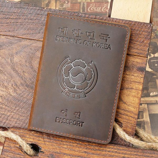 

card holders personalized name south korea passport cover genuine leather wallet men retro on the, Brown;gray