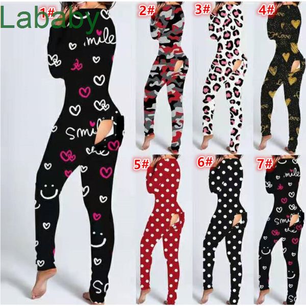 Mulheres Jumpsuit Designer Onesies V-Pescoço 2022 Botão Flip Padrão Impressão Adulto Pijamas Manga Longa Slim Sexy Macacão Moda Casual Roupas 26 Cores