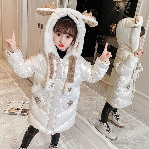

down coat winter jacket for girls children's clothing thickened waterproof snowflake lovely horn hat hooded warm 4-10 years kids, Blue;gray