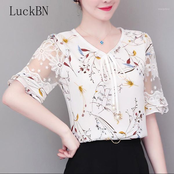 

women's blouses & shirts flower summer ruffles ruffle neck short sleeve blouse women green red chiffon shirt fashion korean slim blusa, White