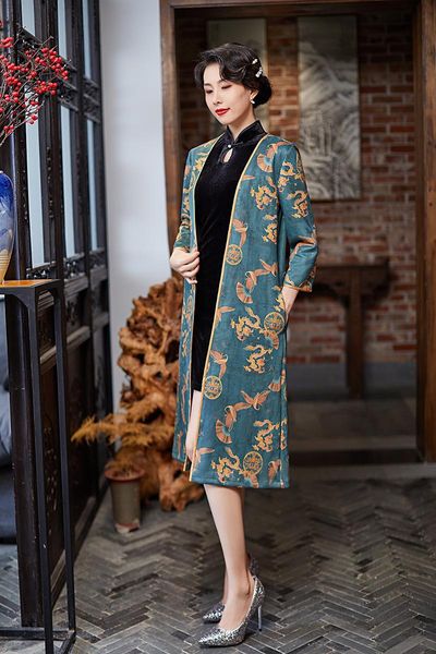 

ethnic clothing 2021 autumn improved three-quarter-sleeved suede jacket mid-length cheongsam cardigan, Red