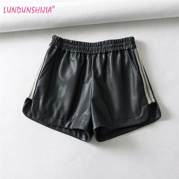 

women's shorts lundunshijia 2021 autumn winter for women pu black leather fashion beading mini, White;black