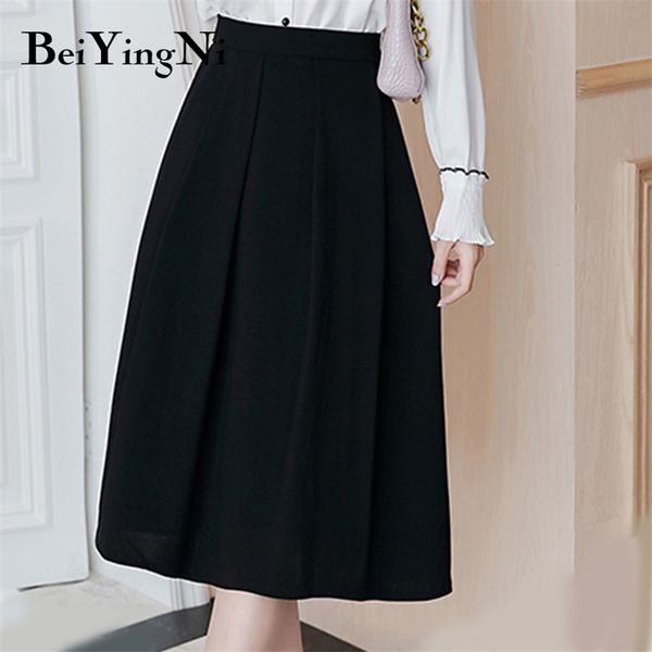 

knee-length skirts womens high waist black a line office ladies skirt solid color vintage work wear fashion korean ol 210506