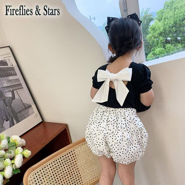 

t-shirts summer girls t shirt baby tee kids children clothes back hollow out contrast bow lacing puff sleeve cotton 1 to 7 yrs, Blue
