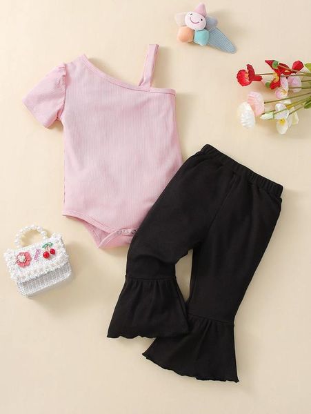 

baby solid asymmetrical neck bodysuit & flare leg pants she, White