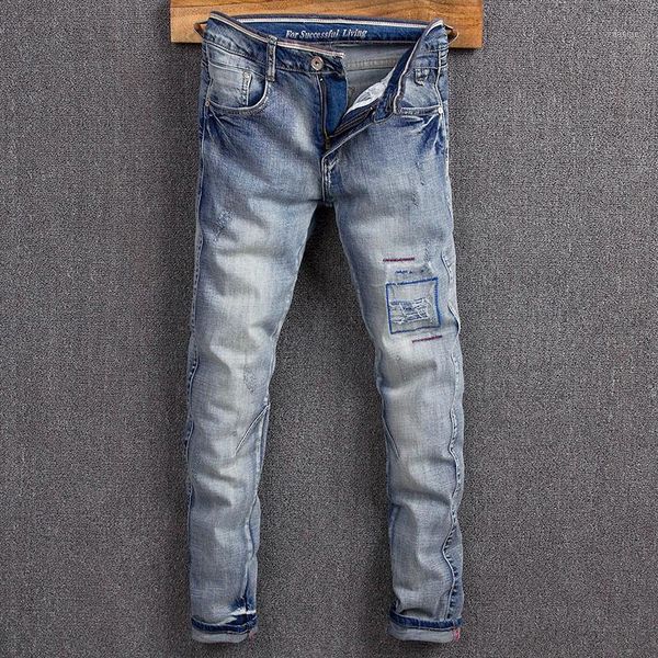 

fashion streetwear men jeans retro blue patchwork destroyed ripped for designer elastic cotton slim fit hip hop pants men's