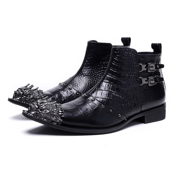 Italienischer Stil für Herren, große Größe, schwarze Lederstiefel, Business-Party, Herrenmode, Stiefeletten, Metall, spitze Zehen, Winter-Motorradstiefel