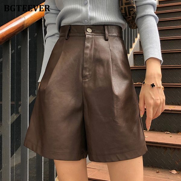 

shorts new fashion high waist women pu leather stylish pockets loose female wide leg faux-leather shorts 2021 spring 1s72, White;black