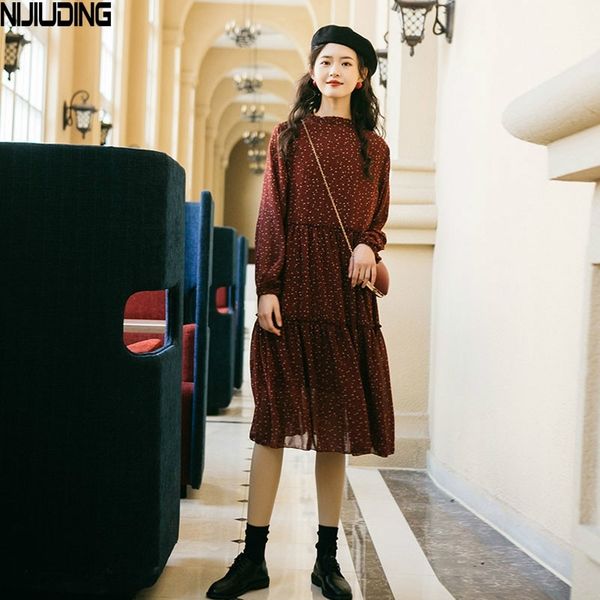 

spring chiffon long dresses women high waist stand collar female vintage floral print sleeve 210514, Black;gray