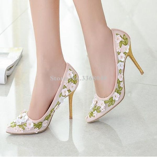 

dress shoes european style beading flowers decoration pumps for woman 2021 lace net summer pointed toe sandal pump wedding, Black