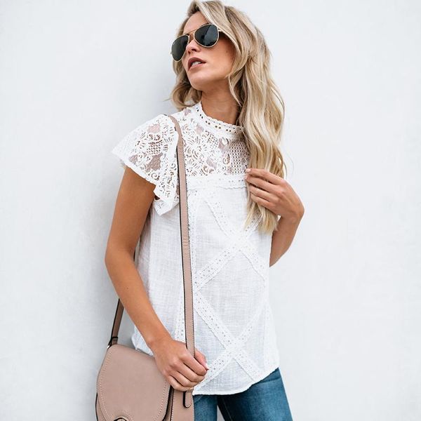 

women's t-shirt summer round neck pullover short-sleeved geometric stitching lace casual loose wild pure color, White