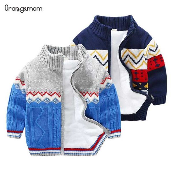 

brand children sweater winter spring kids knitted sweaters for boys cardigan thick baby jacket velvet lined gray and blue coat 211012